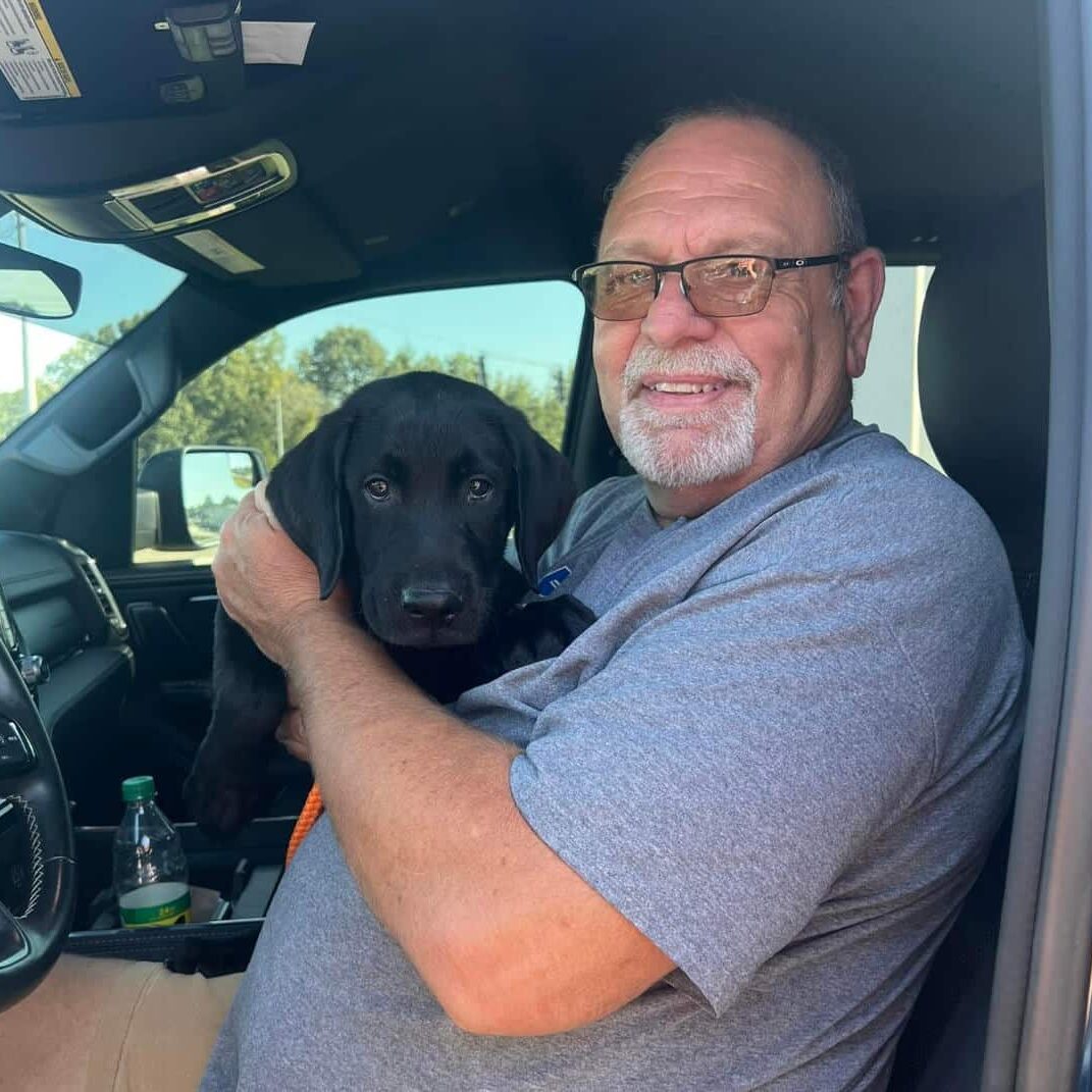 Man holding black labrador puppy in a truck